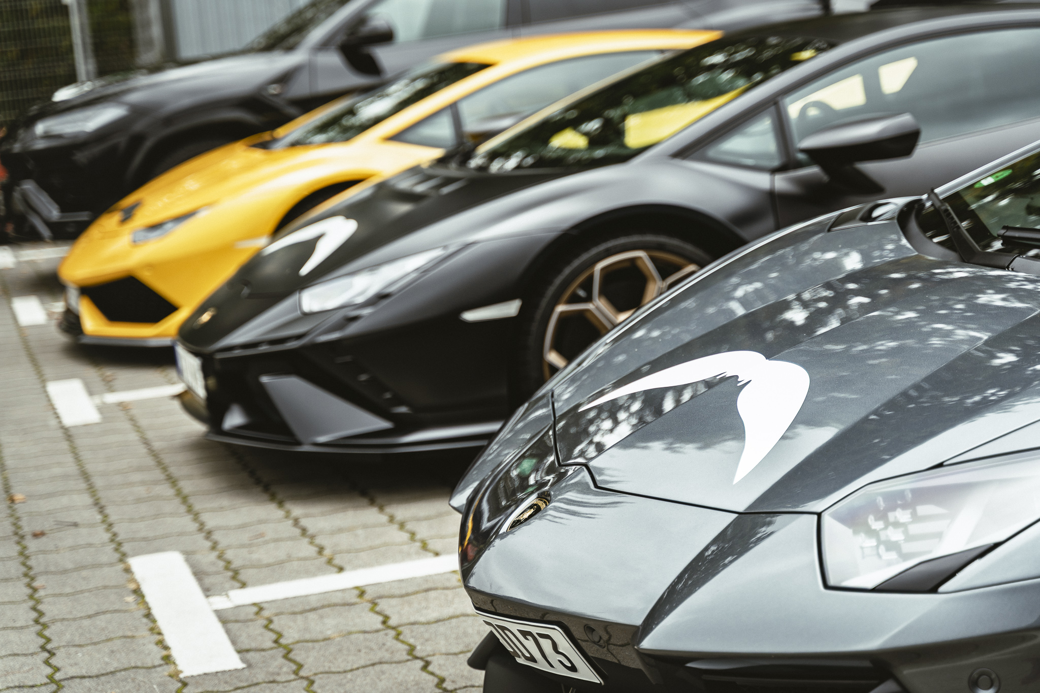 Mehrere farbige Lamborghini-Sportwagen parken auf einem Parkplatz nebeneinander.
